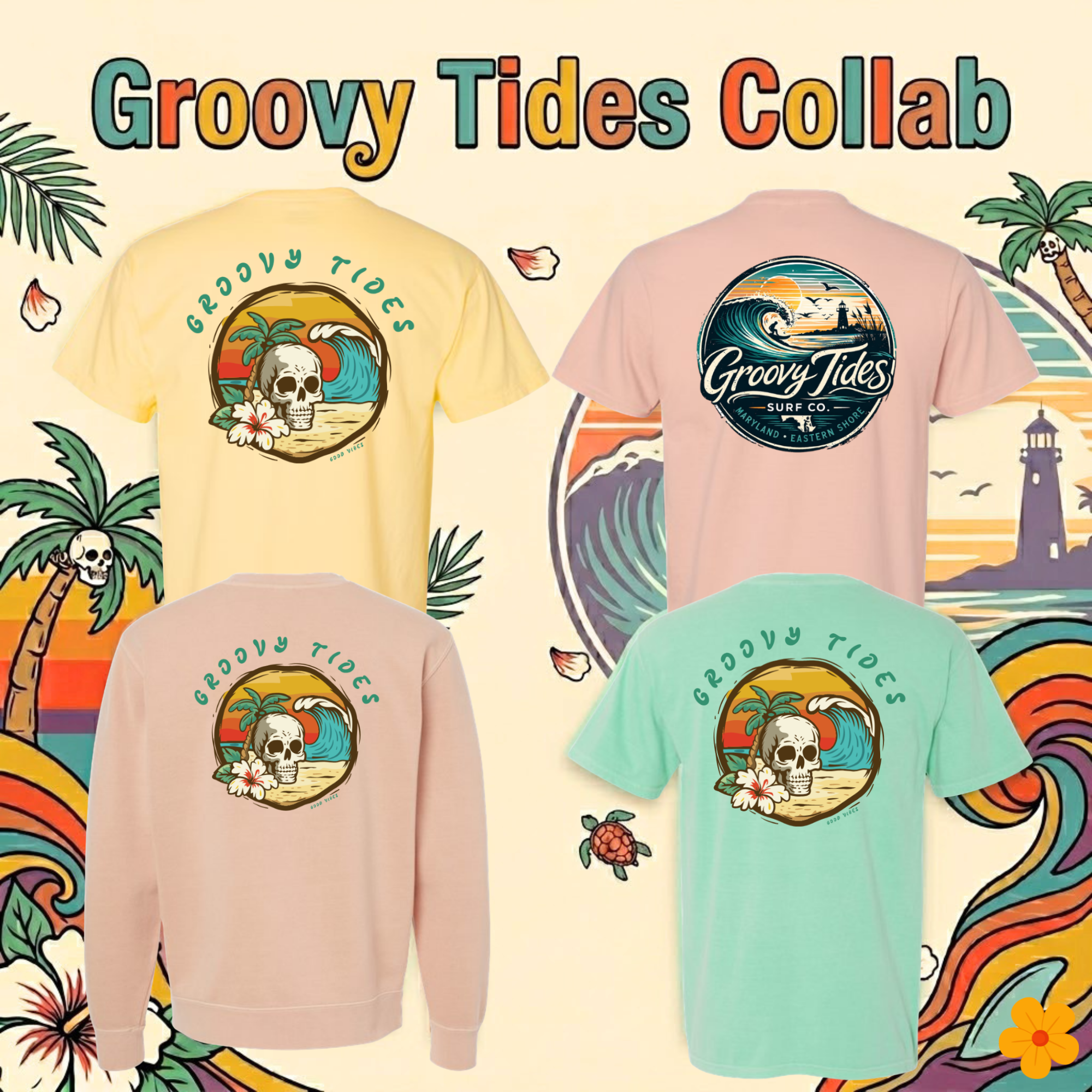 Groovy Tides x Wilson Outdoor Company collab — t-shirts and sweatshirts featuring beach skull designs